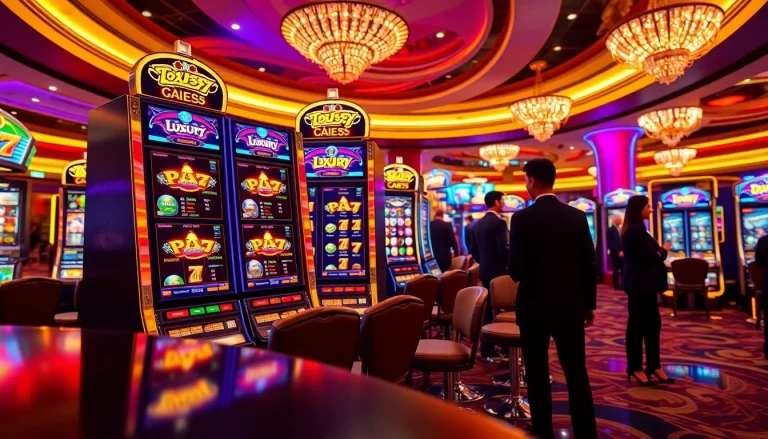 Jelajahi pengalaman bermain luxury777 game yang mewah dengan mesin slot mencolok dan dekorasi kasino megah.