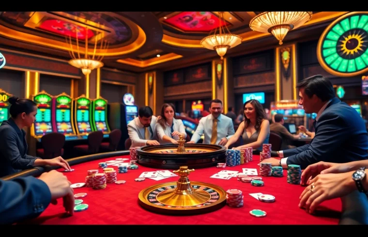 Experience the thrilling action at the casino with link okfun as players engage at the vibrant poker table.