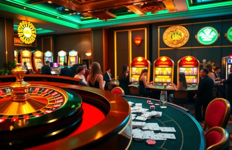 Engaging casino scene with roulette wheel and players highlighting https://keobongda2.vip/ betting excitement.