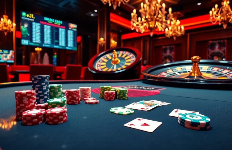 Engaging scene of online gambling with eejl showcasing poker chips and cards.