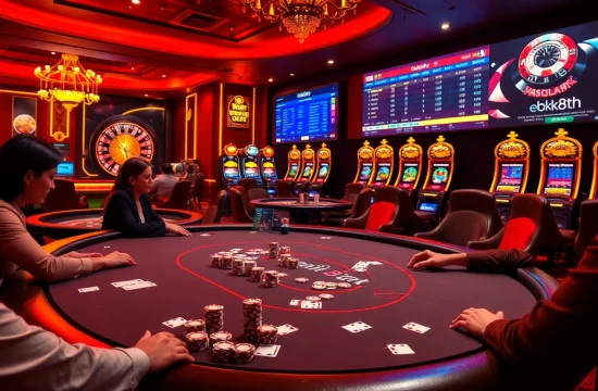 Engaged players at a bk8th casino poker table, surrounded by vibrant slot machines and roulette.