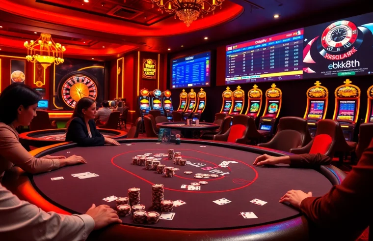 Engaged players at a bk8th casino poker table, surrounded by vibrant slot machines and roulette.