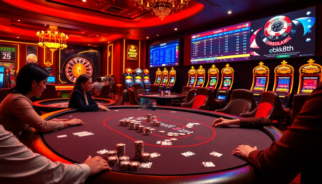 Engaged players at a bk8th casino poker table, surrounded by vibrant slot machines and roulette.