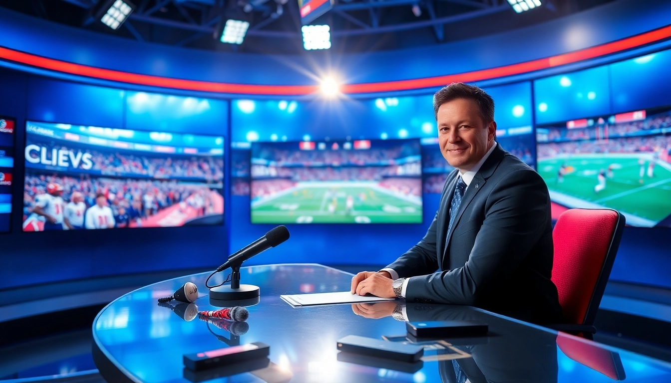 Engaging sports broadcasting studio with a professional anchor reporting live.