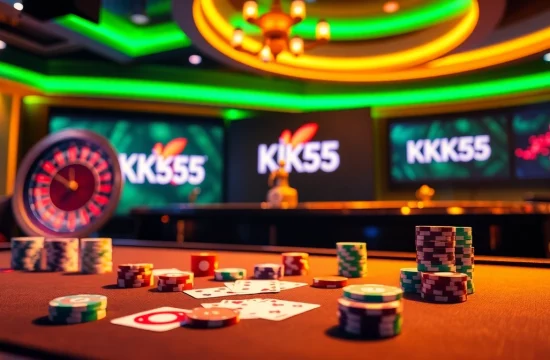 Engage in thrilling gameplay at KK55's vibrant casino tables, showcasing cards, dice, and poker chips.