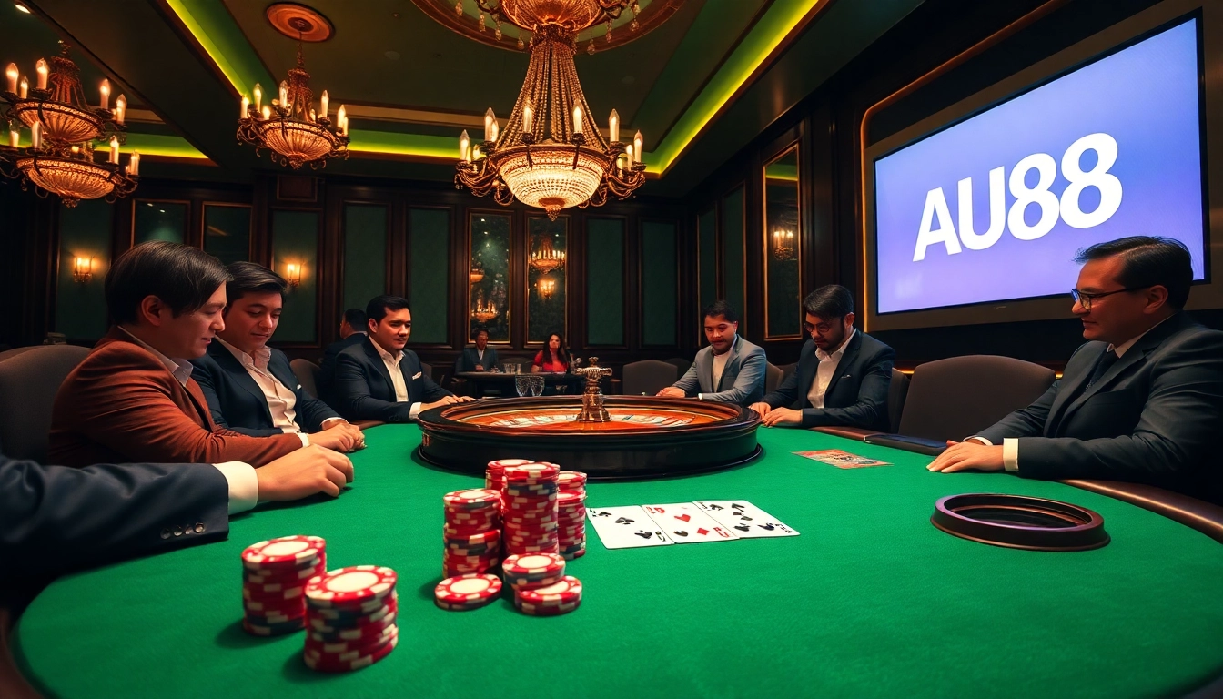 Players engaging in a thrilling poker game at AU88 casino, showcasing a lively atmosphere and vibrant poker chips.