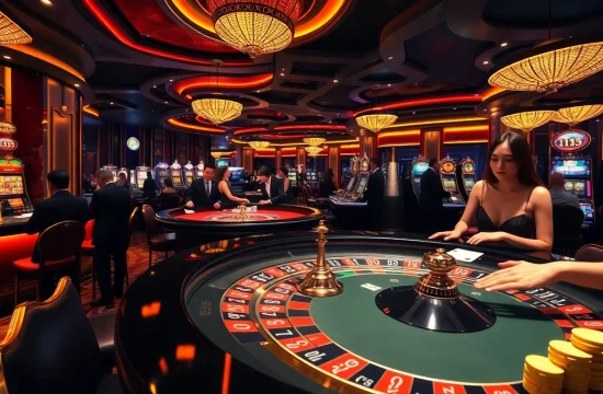 Excited players enjoy a vibrant gambling experience at bk8thai casino tables with roulette and poker chips.