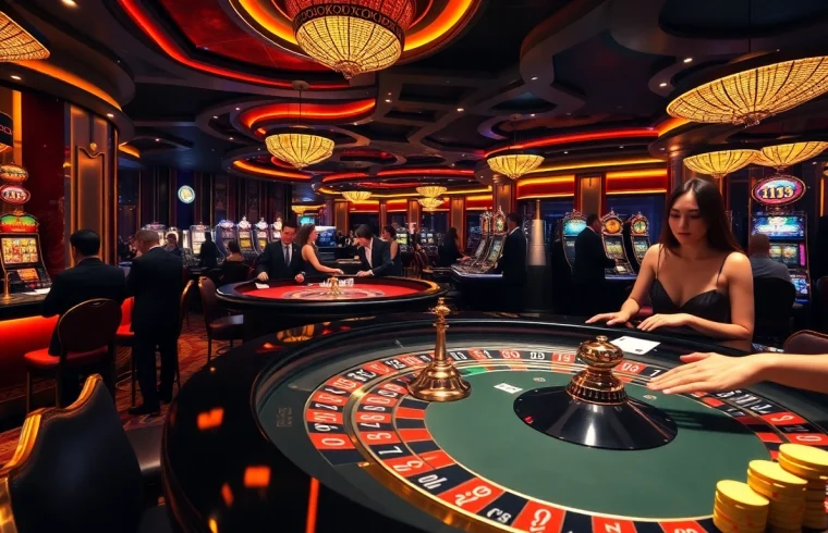 Excited players enjoy a vibrant gambling experience at bk8thai casino tables with roulette and poker chips.