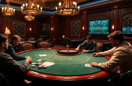 Engaged players at a luxury poker table represent the thrilling atmosphere of online gambling at https://www.jl55.club/.