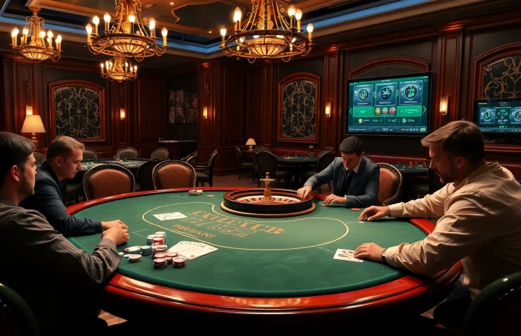 Engaged players at a luxury poker table represent the thrilling atmosphere of online gambling at https://www.jl55.club/.