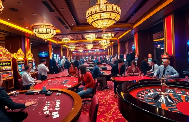 Exciting gambling atmosphere at bet88 .com casino features vibrant tables, slot machines, and gamers.