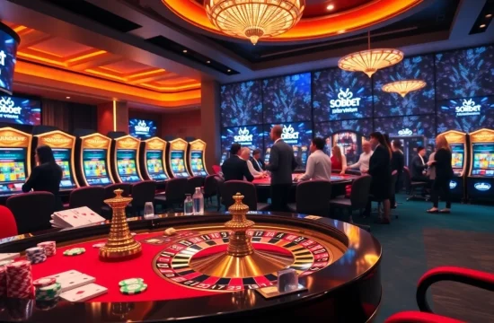 Experience the excitement of online gambling with https://soibet.vision/ as you engage with casino tables filled with colorful chips and cards.