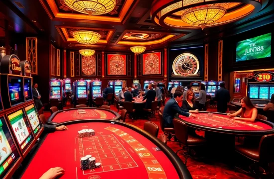 Engaging players at Jun88 casino tables filled with poker chips, cards, and roulette wheels.