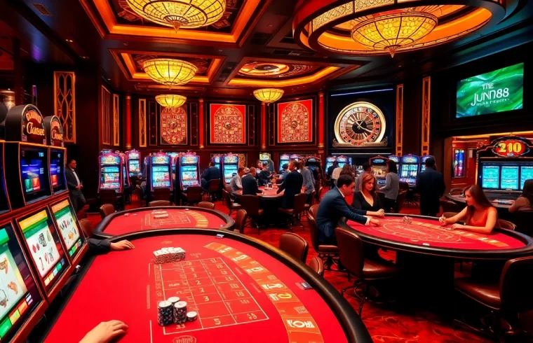 Engaging players at Jun88 casino tables filled with poker chips, cards, and roulette wheels.