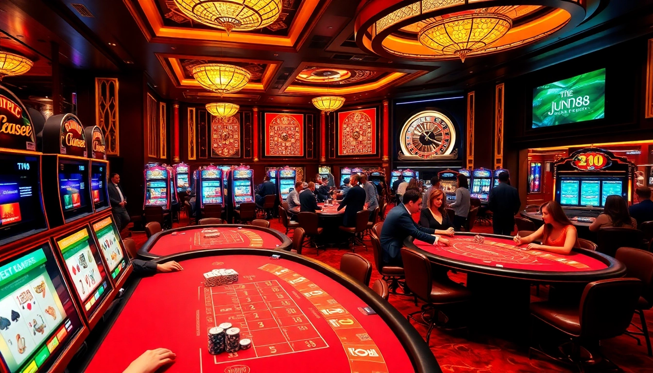 Engaging players at Jun88 casino tables filled with poker chips, cards, and roulette wheels.