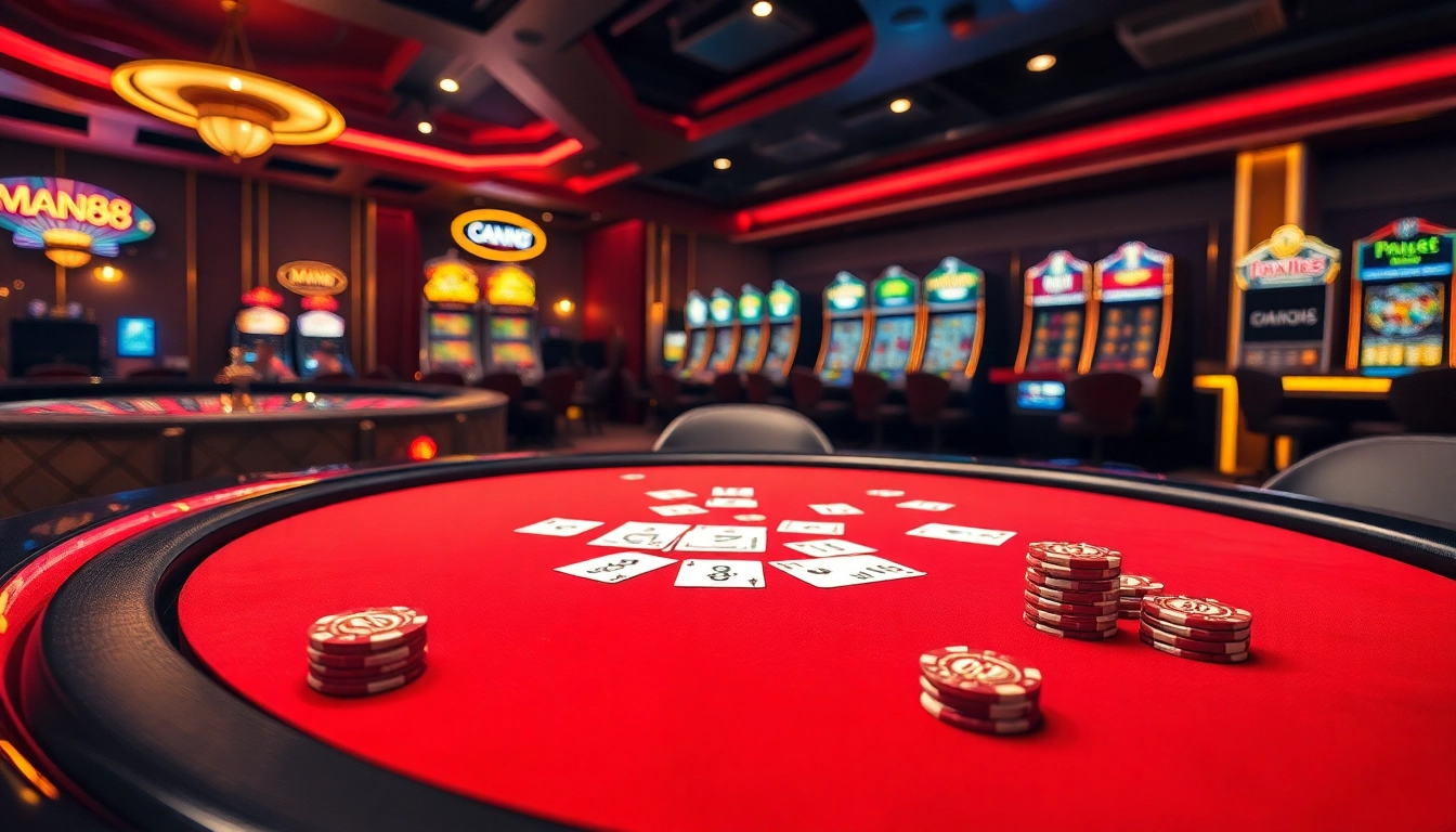 Man88 players engaging in a thrilling casino game at a luxurious poker table, showcasing strategy and excitement.