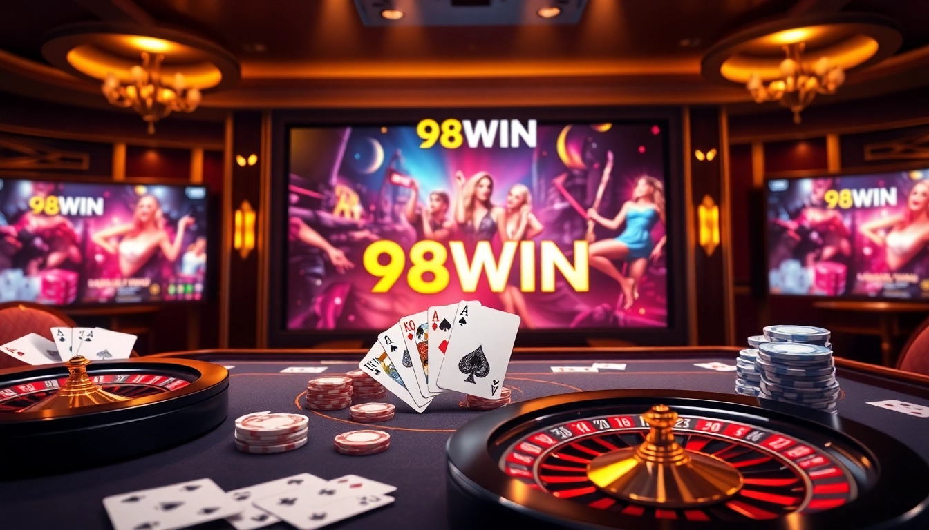 Experience thrilling gaming at trang chu 98win with vibrant casino visuals and dynamic gambling elements.