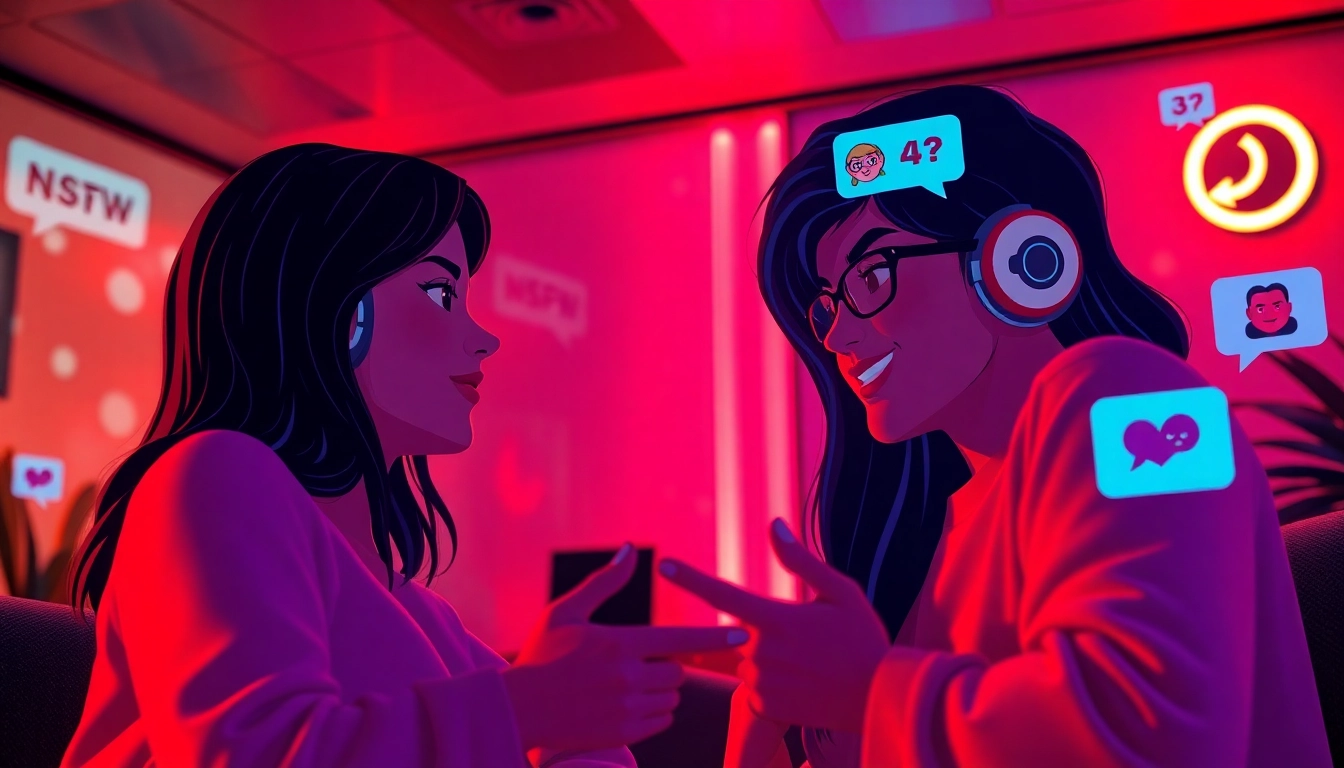 NSFW character AI chat scene showcasing vibrant interactions in a modern digital environment.