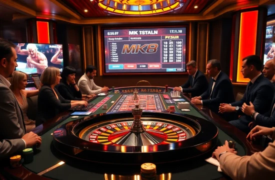 Gamblers strategizing at an MK8 table in a luxurious casino environment.