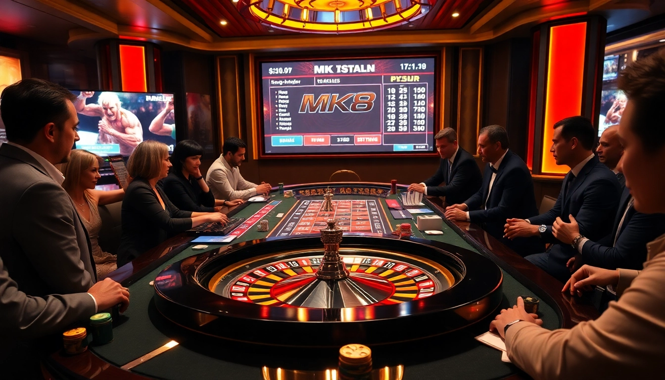 Gamblers strategizing at an MK8 table in a luxurious casino environment.