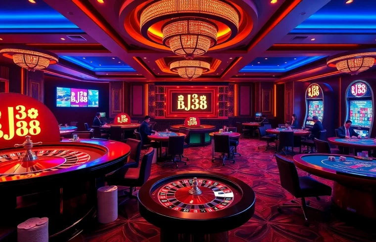 Experience the excitement of gambling at BJ38 with vibrant casino tables and engaging players.