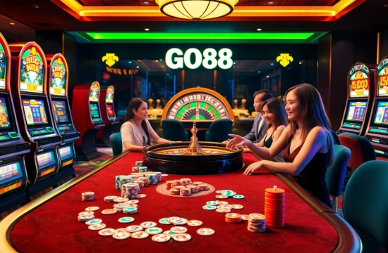 Experience the thrill of GO88 gaming at a vibrant casino table filled with chips and cards.