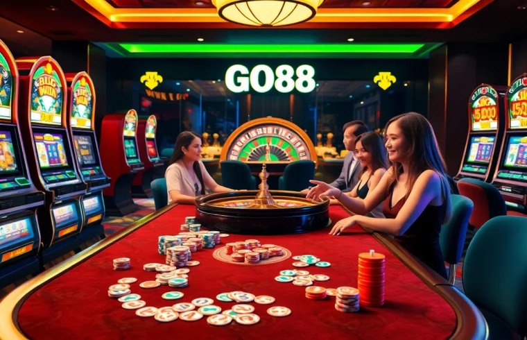 Experience the thrill of GO88 gaming at a vibrant casino table filled with chips and cards.