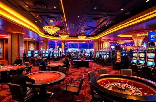 Experience the thrill of FLY88 with vibrant casino gaming tables, roulette wheels, and excited players.