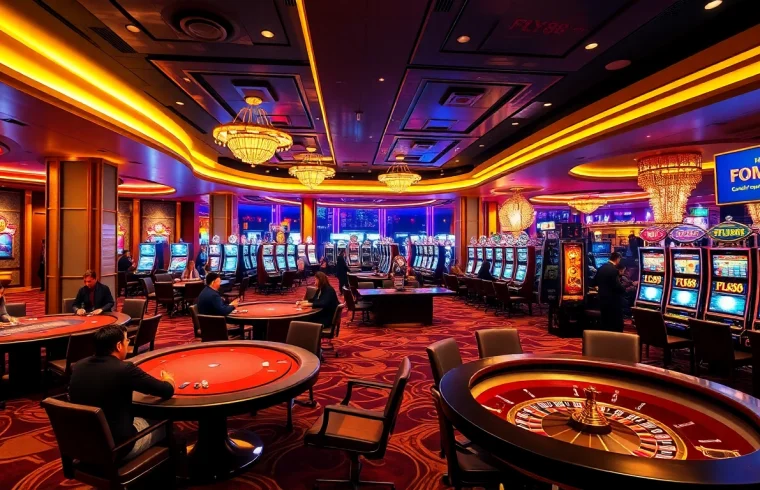 Experience the thrill of FLY88 with vibrant casino gaming tables, roulette wheels, and excited players.