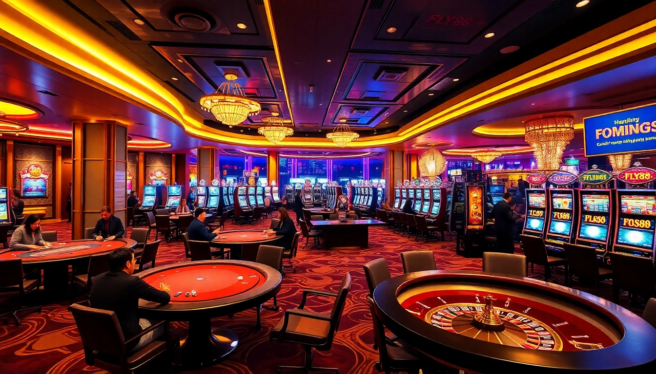 Experience the thrill of FLY88 with vibrant casino gaming tables, roulette wheels, and excited players.