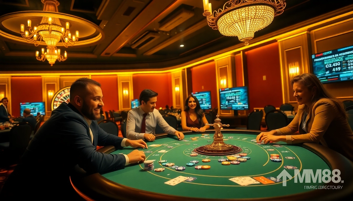 Experience the excitement of a poker game at https://mm88.directory/, featuring vibrant chips and an elegant roulette wheel.