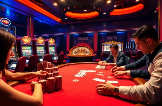 Players engage in an exciting poker game at a glamorous casino table, showcasing KK55 elements with vibrant atmosphere.