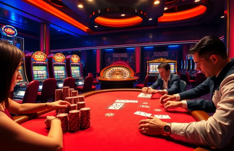 Players engage in an exciting poker game at a glamorous casino table, showcasing KK55 elements with vibrant atmosphere.