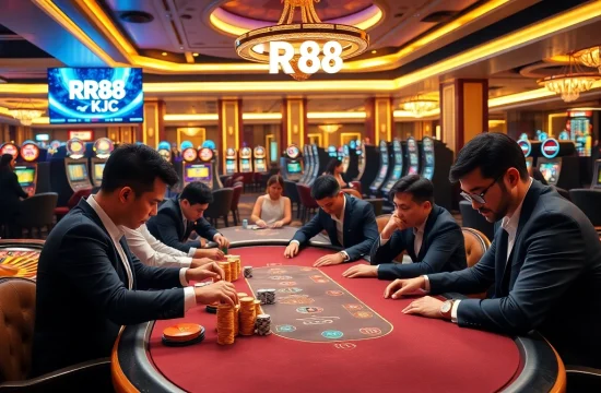 Engaged players at RR88 KJC poker table in a luxurious casino atmosphere.