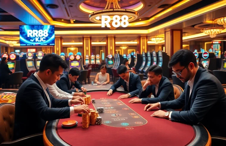 Engaged players at RR88 KJC poker table in a luxurious casino atmosphere.