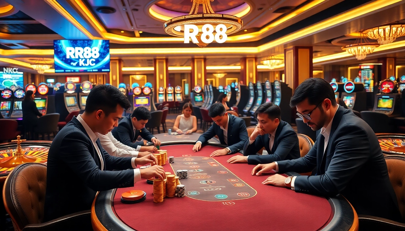 Engaged players at RR88 KJC poker table in a luxurious casino atmosphere.