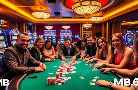 Players enjoy a thrilling poker game at MB66 casino, surrounded by vibrant atmosphere and engaging activities.
