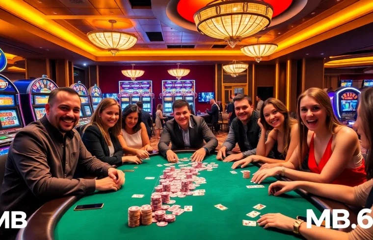 Players enjoy a thrilling poker game at MB66 casino, surrounded by vibrant atmosphere and engaging activities.