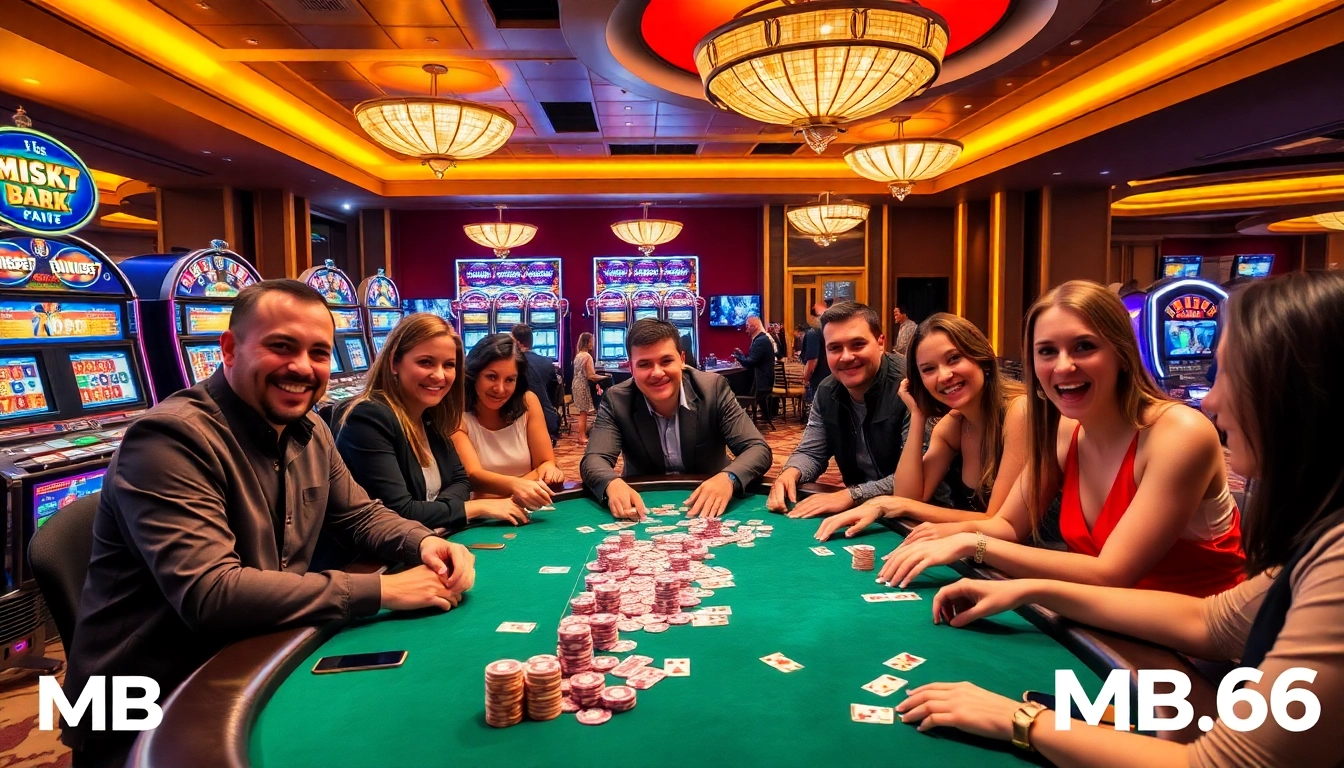 Players enjoy a thrilling poker game at MB66 casino, surrounded by vibrant atmosphere and engaging activities.