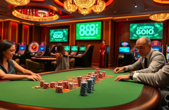 Exciting poker action at 88i casino table with colorful chips and roulette in the background.