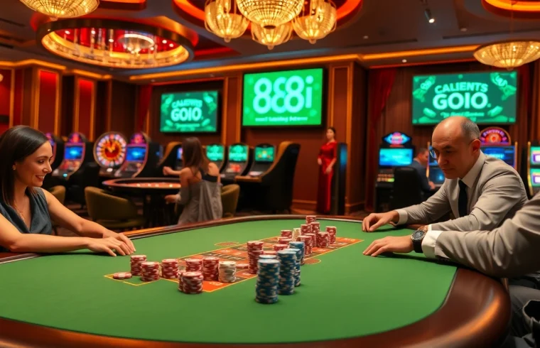 Exciting poker action at 88i casino table with colorful chips and roulette in the background.