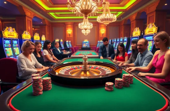Engaged players enjoying MK8 gaming experiences at a luxury casino with roulette and slot machines.