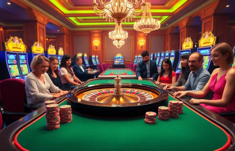 Engaged players enjoying MK8 gaming experiences at a luxury casino with roulette and slot machines.