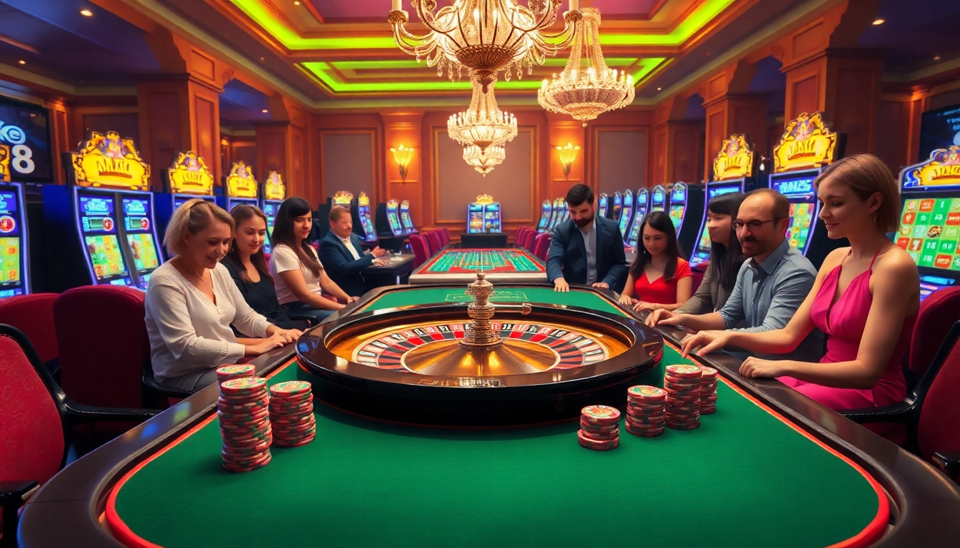 Engaged players enjoying MK8 gaming experiences at a luxury casino with roulette and slot machines.