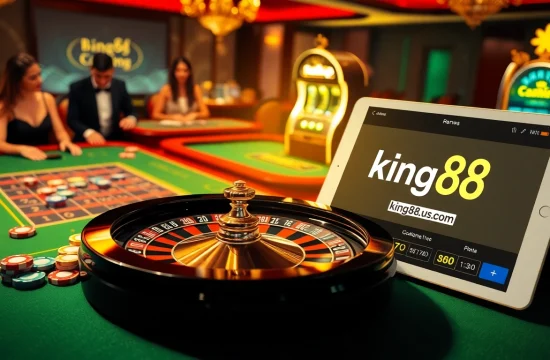 Experience the thrill of play at https://king88b.us.com/ with vibrant casino visuals including roulette and slot machines.
