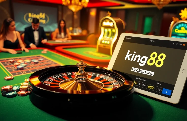 Experience the thrill of play at https://king88b.us.com/ with vibrant casino visuals including roulette and slot machines.