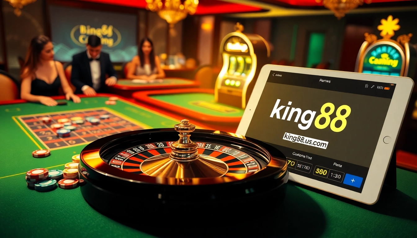 Experience the thrill of play at https://king88b.us.com/ with vibrant casino visuals including roulette and slot machines.