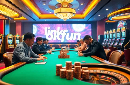 Experience the excitement of gambling at OKFUN with a high-stakes poker game and vibrant casino ambiance.