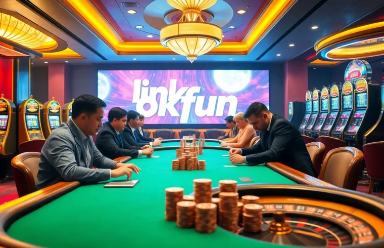 Experience the excitement of gambling at OKFUN with a high-stakes poker game and vibrant casino ambiance.