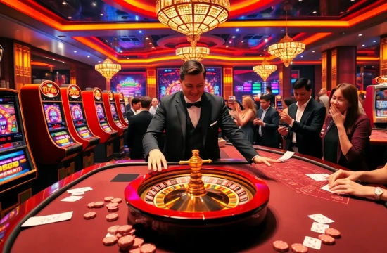 Engage in thrilling gambling action with FLY88 at a luxury casino featuring poker tables and slot machines.